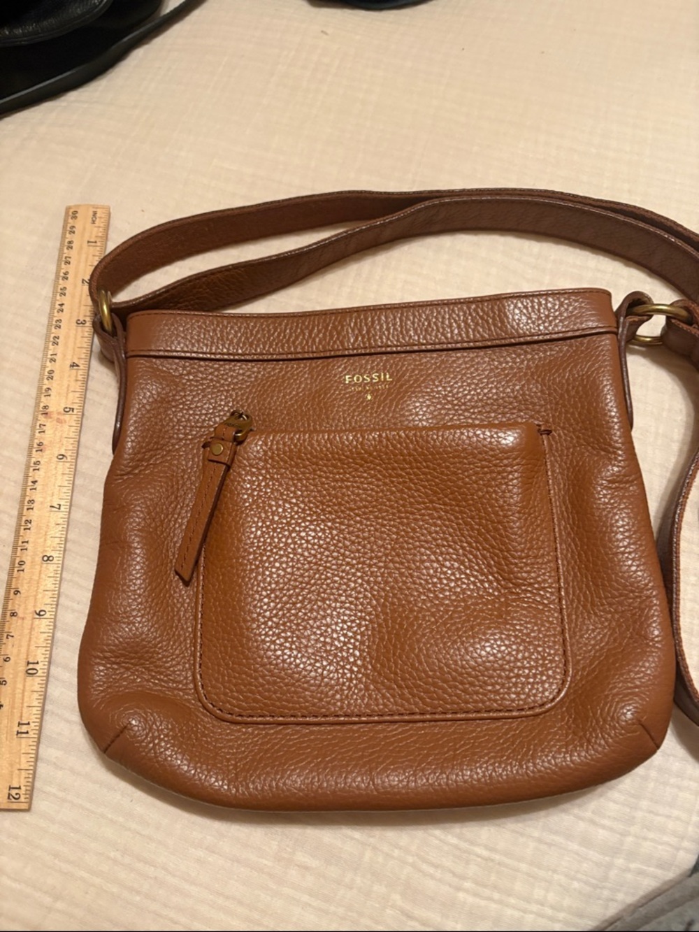 Fossil Pebbled Leather Crossbody in Brown with Gold Hardware